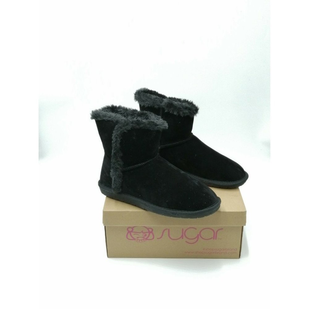 Sugar Polly Fuzzy Winter Booties Boots  Black Micro Women's US 10 M New